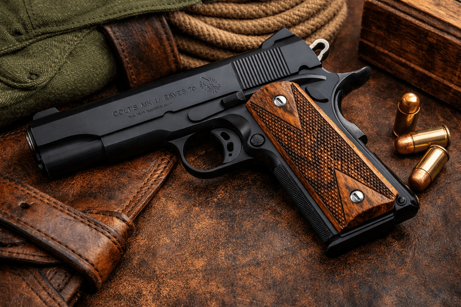 Premium Turkish walnut 1911 pistol grips for Colt handguns showcasing natural wood grain and craftsmanship