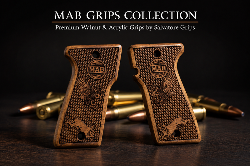 MAB 7.65 Turkish walnut pistol grips – laser engraved designs by Salvatore Grips