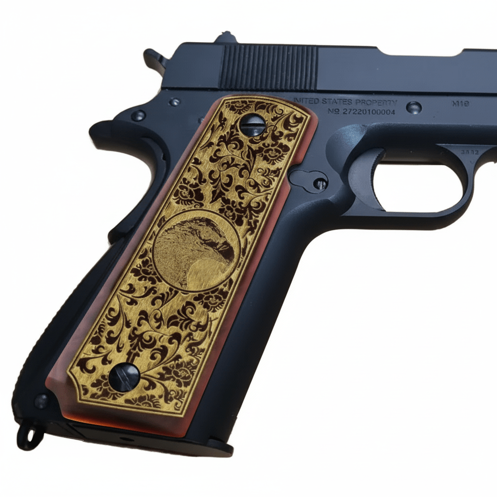 1911 acrylic grips - Gold Eagle with Amber Border