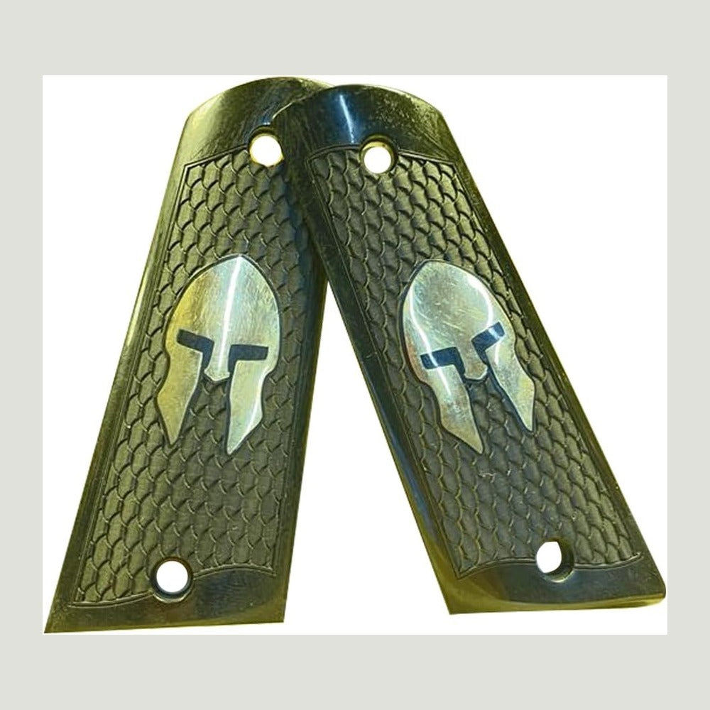 Colt 1911 acrylic grips – Green with Spartan Helmet – handcrafted in Türkiye