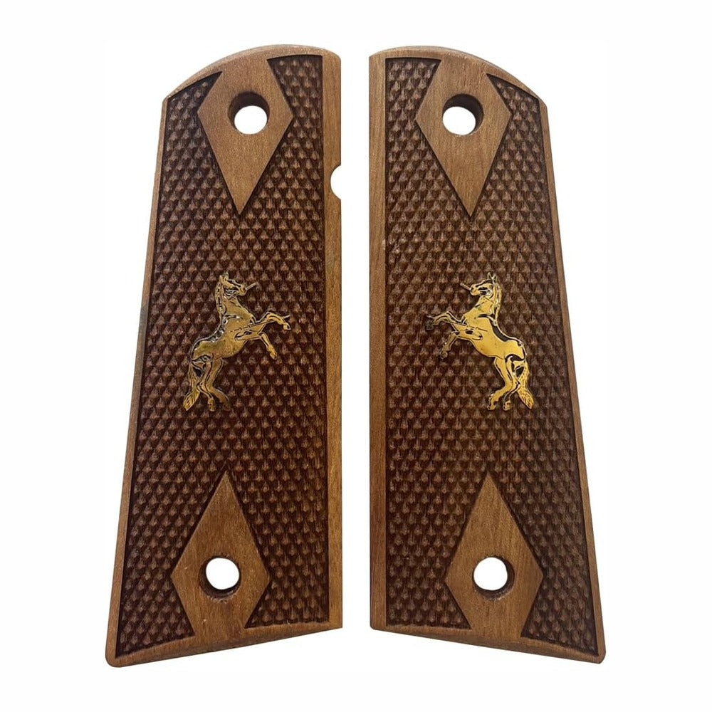 Colt 1911 walnut grips – Checkered with Brass Horses – handcrafted in Türkiye