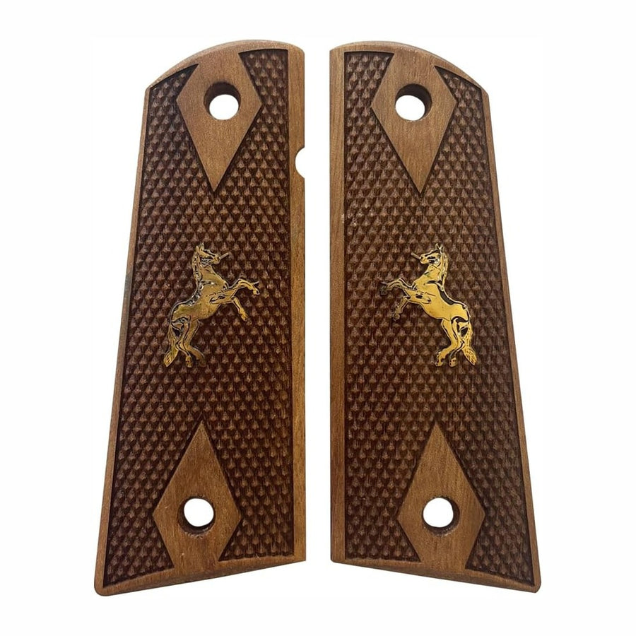 Colt 1911 walnut grips – Checkered with Brass Horses – handcrafted in Türkiye