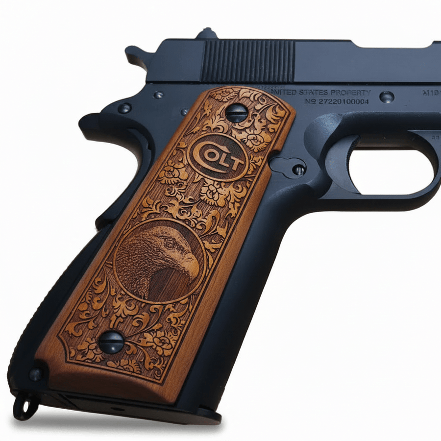 Custom Turkish walnut pistol grips with laser engraved design – personalized walnut grips by Salvatore Grips