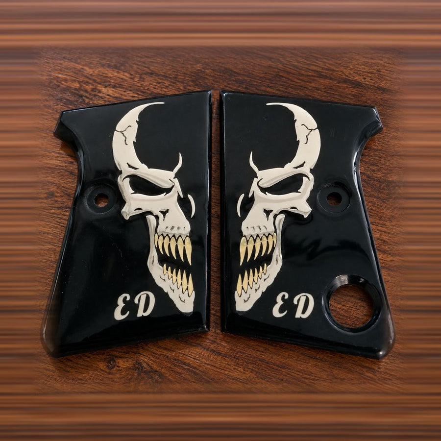 Astra Cub 6.35 black acrylic grips with horned skull, gold teeth and custom initials – Astra 2000 Cub & Colt Junior .25 pistol grips