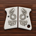 Astra Cub 6.35 white acrylic grips with engraved Don't Tread On Me snake – Astra 2000 Cub & Colt Junior .25 pistol grips