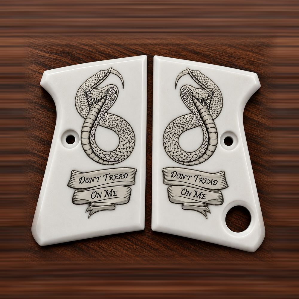 Astra Cub 6.35 white acrylic grips with engraved Don't Tread On Me snake – Astra 2000 Cub & Colt Junior .25 pistol grips