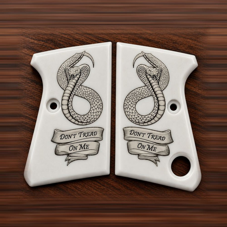 Astra Cub 6.35 white acrylic grips with engraved Don't Tread On Me snake – Astra 2000 Cub & Colt Junior .25 pistol grips