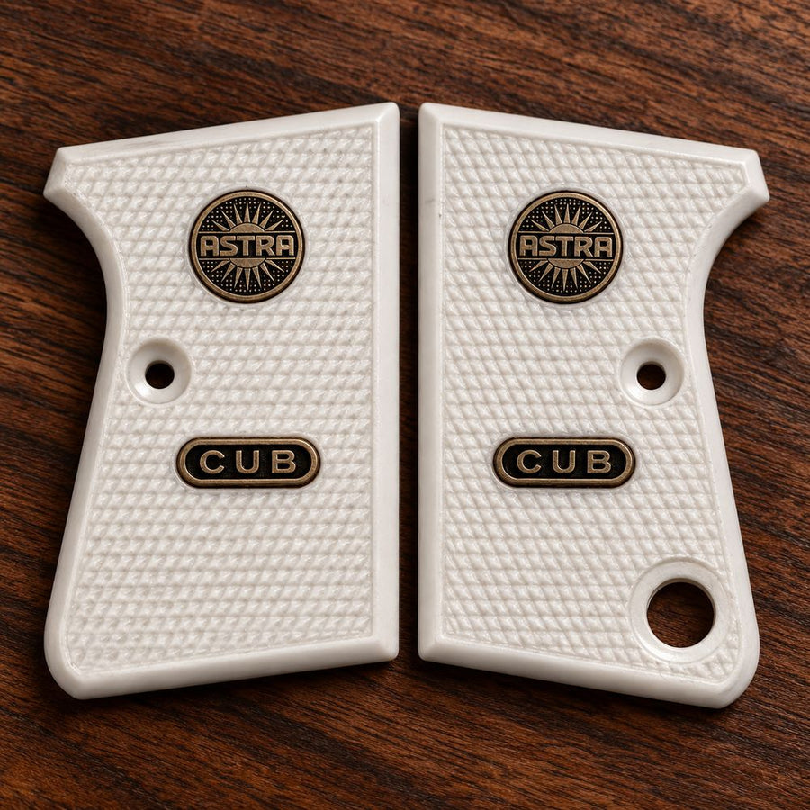 Astra Cub 6.35 white acrylic grips with checkering and gold Astra and CUB medallions – Astra 2000 Cub & Colt Junior .25 pistol grips