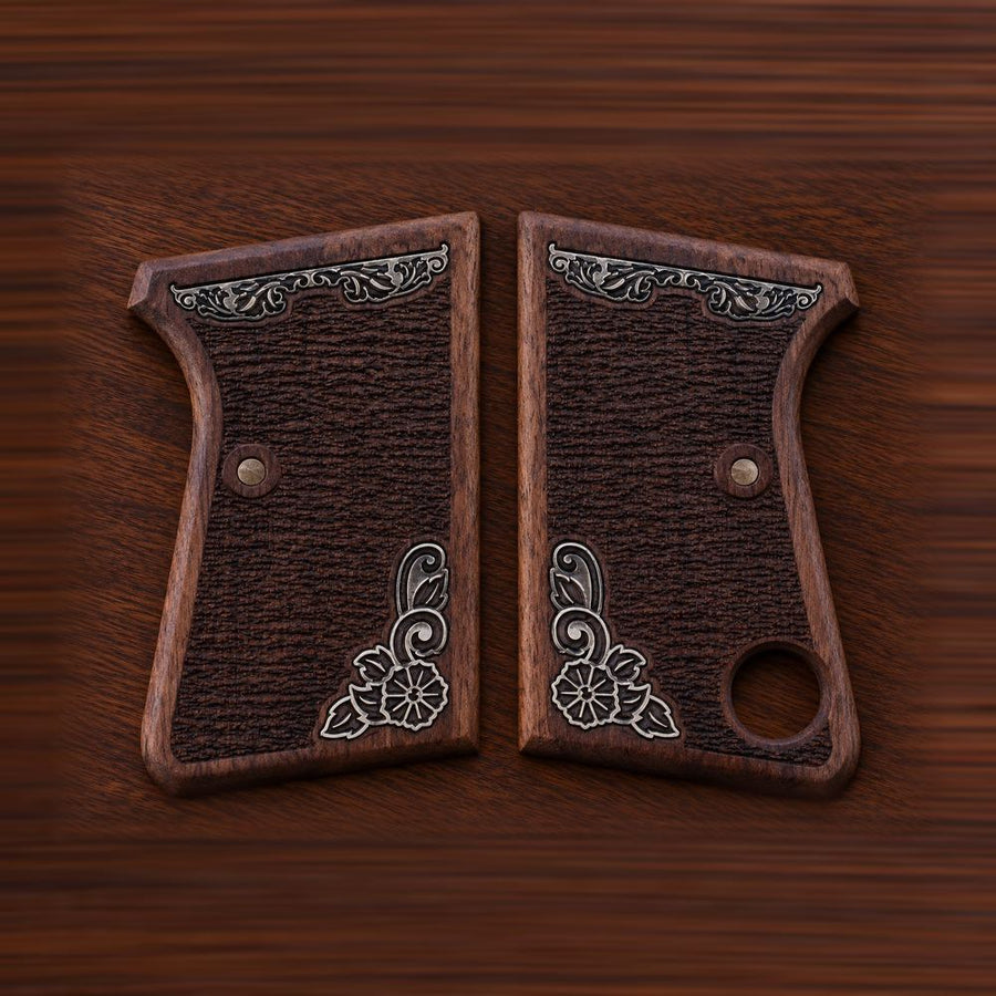 Astra Cub 6.35 walnut grips with checkering and silver floral border inlay – handcrafted Astra 2000 Cub & Colt Junior .25 pistol grips
