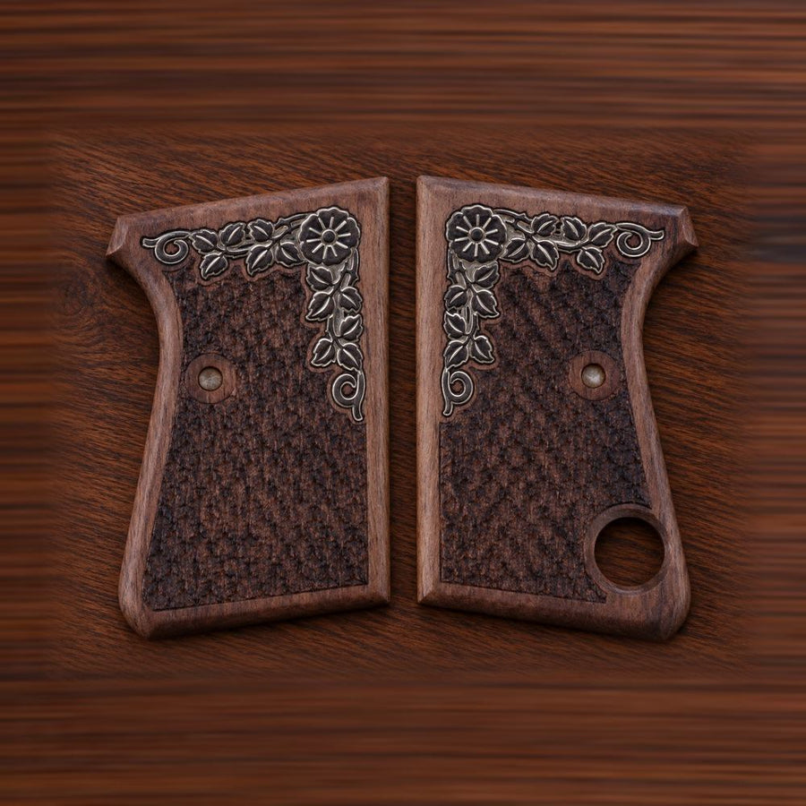 Astra Cub 6.35 walnut grips with checkering and silver floral corner inlay – handcrafted Astra 2000 Cub & Colt Junior .25 pistol grips