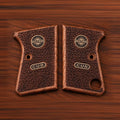 Astra Cub 6.35 walnut grips, stippled checkering with gold Astra and CUB medallions – handcrafted Astra 2000 Cub & Colt Junior .25 pistol grips