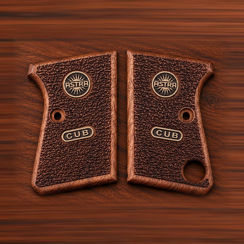 Astra Cub 6.35 walnut grips, stippled checkering with gold Astra and CUB medallions – handcrafted Astra 2000 Cub & Colt Junior .25 pistol grips