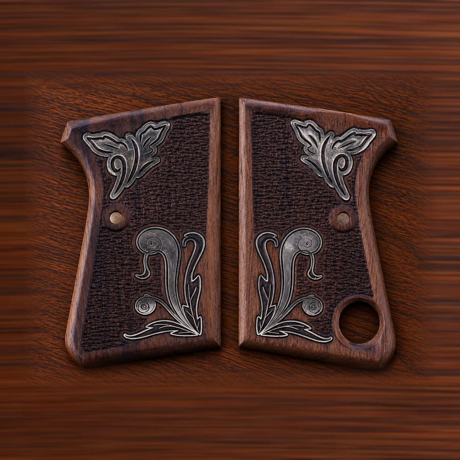 Astra Cub 6.35 walnut grips with checkering and silver scroll inlay – handcrafted Astra 2000 Cub & Colt Junior .25 pistol grips