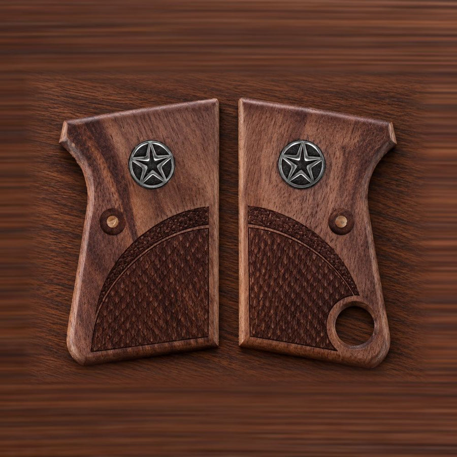 Astra Cub 6.35 walnut grips with checkering and silver star medallion – handcrafted Astra 2000 Cub & Colt Junior .25 pistol grips