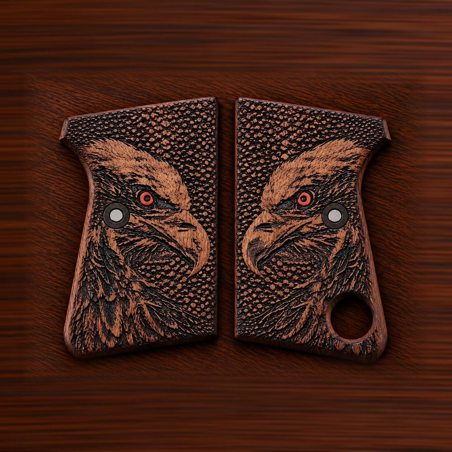 Astra Cub 6.35 walnut grips with hand-carved eagle head and red eye accents – handcrafted Astra 2000 Cub & Colt Junior .25 pistol grips
