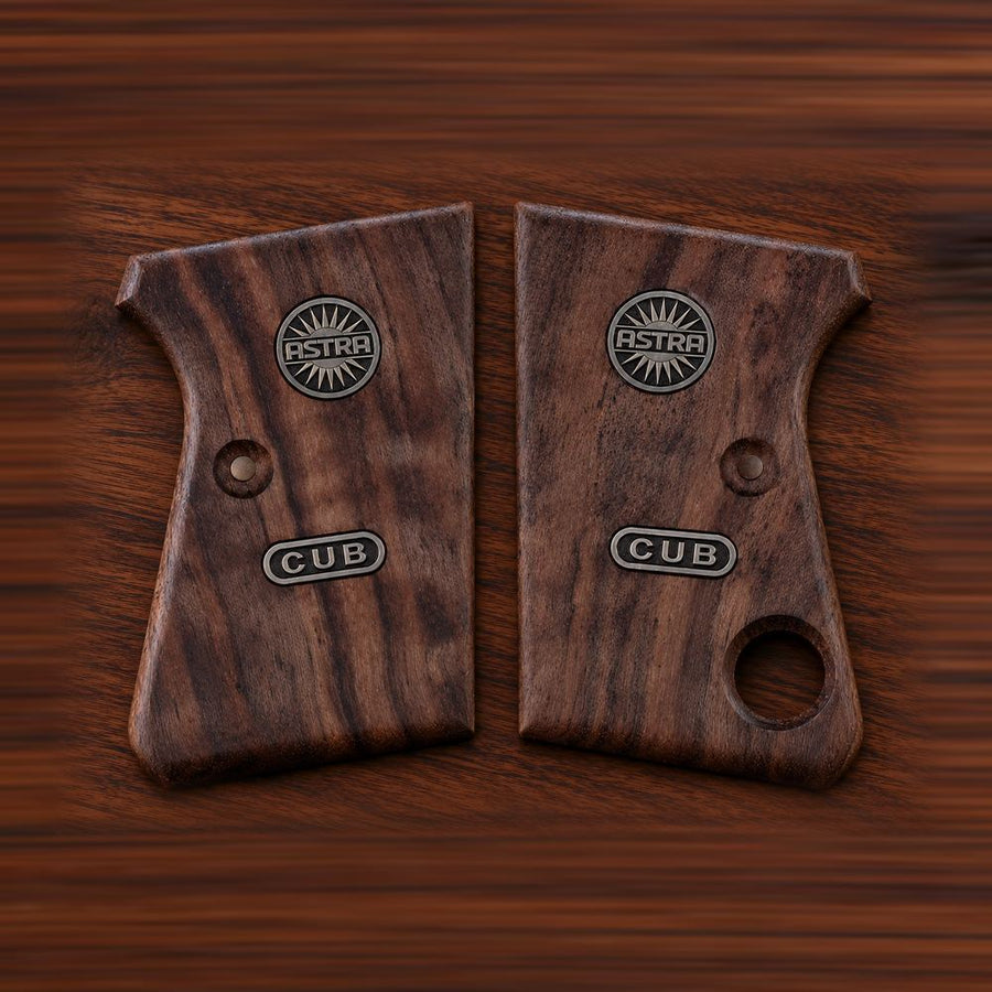 Astra Cub 6.35 smooth walnut grips with silver Astra and CUB medallions – handcrafted Astra 2000 Cub & Colt Junior .25 pistol grips