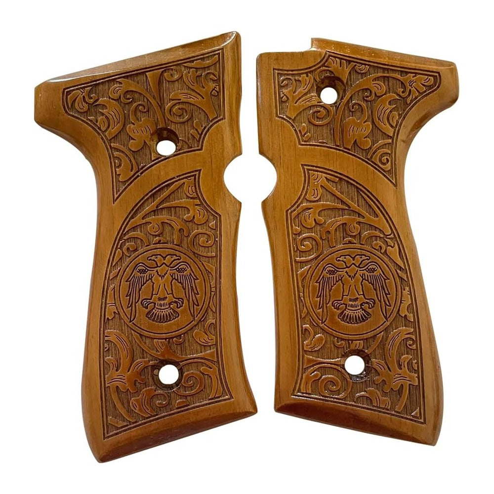 Beretta 92 / M9 walnut grips – Carved Medallion – handcrafted in Türkiye