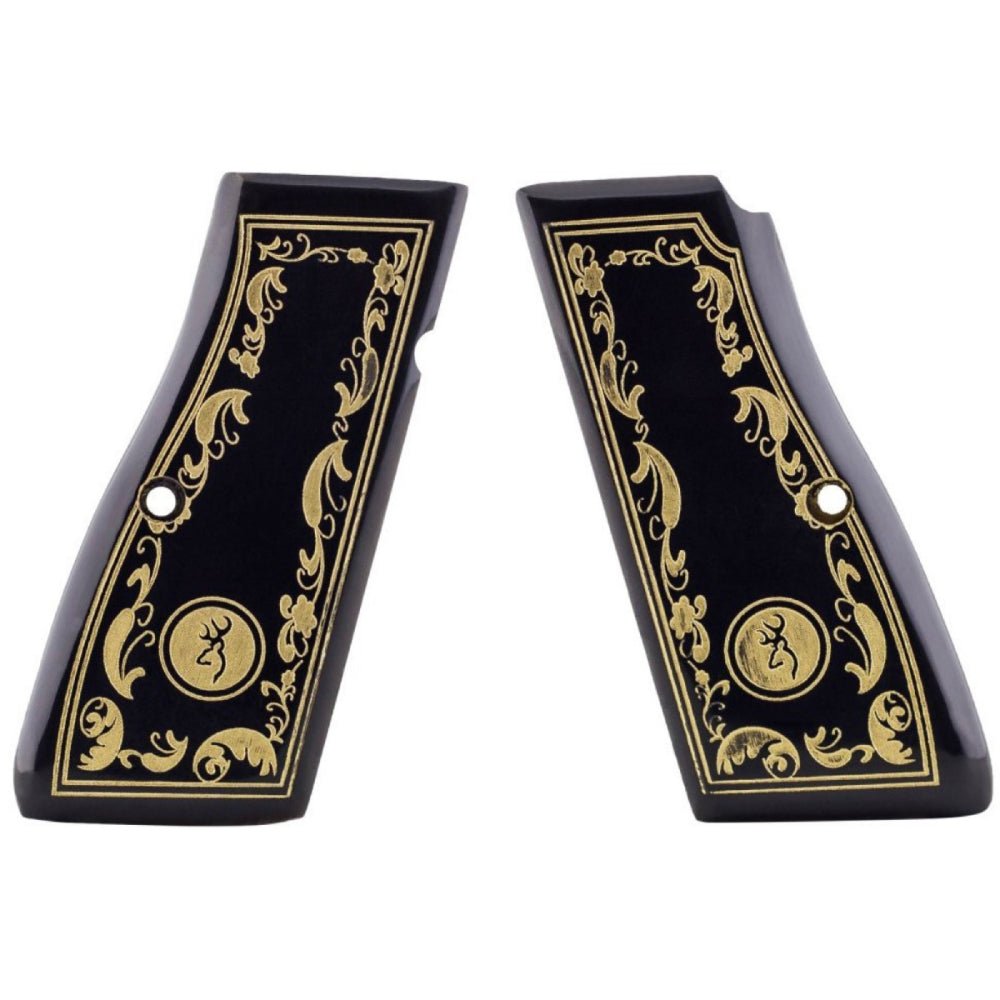 Browning Hi-Power acrylic grips - Black with Gold Floral Engraving