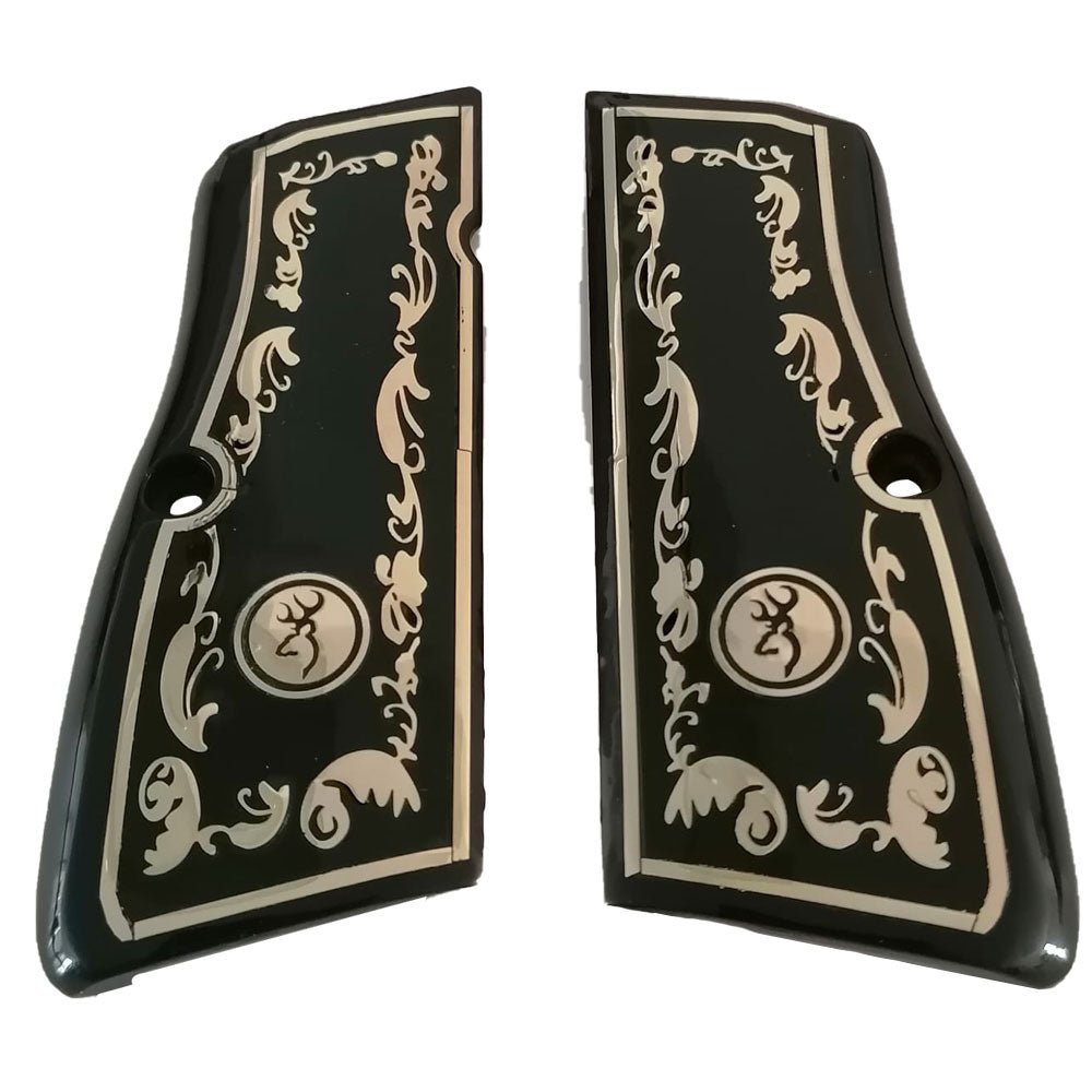 Browning Hi-Power acrylic grips - Black with Silver Floral Inlay