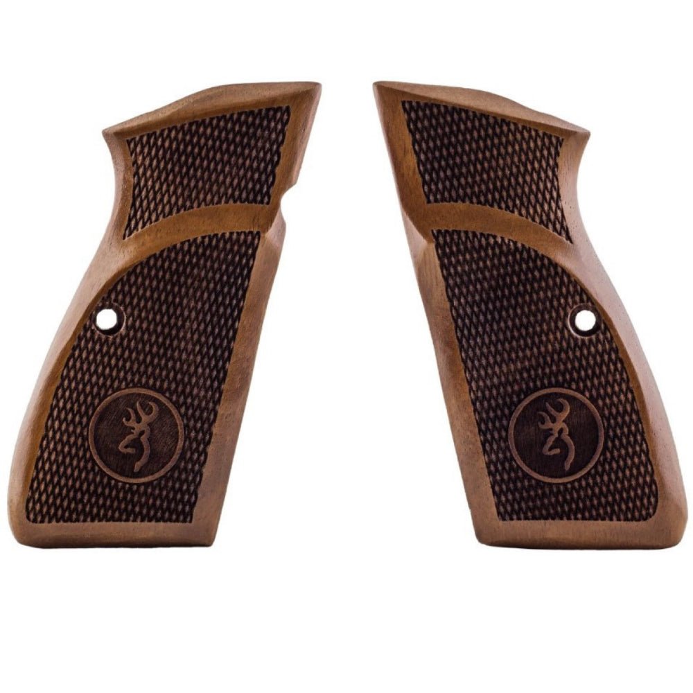 Browning Hi-Power walnut grips - Checkered with Engraved Logo