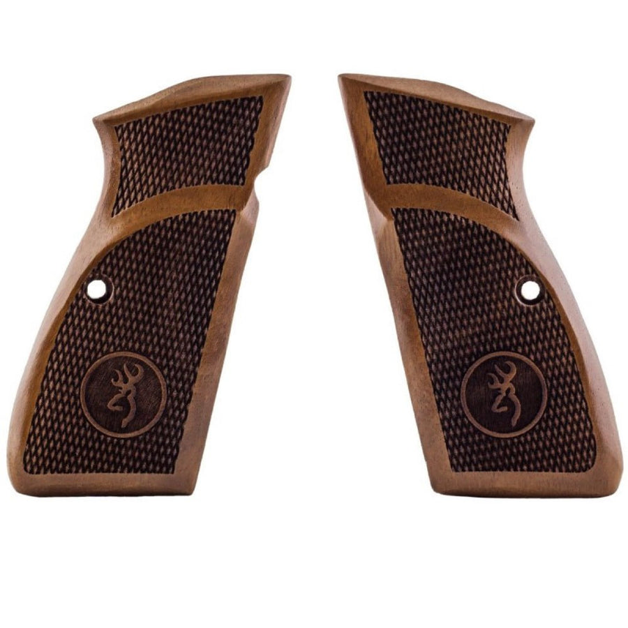 Browning Hi-Power walnut grips - Checkered with Engraved Logo