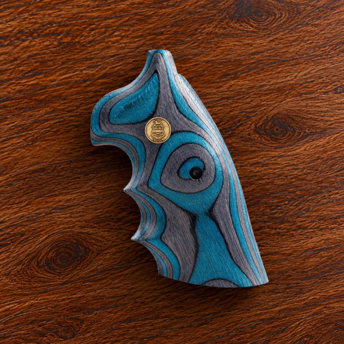 Colt Python blue laminated wood target grip with gold crest medallion – fits 2021+ Colt Anaconda