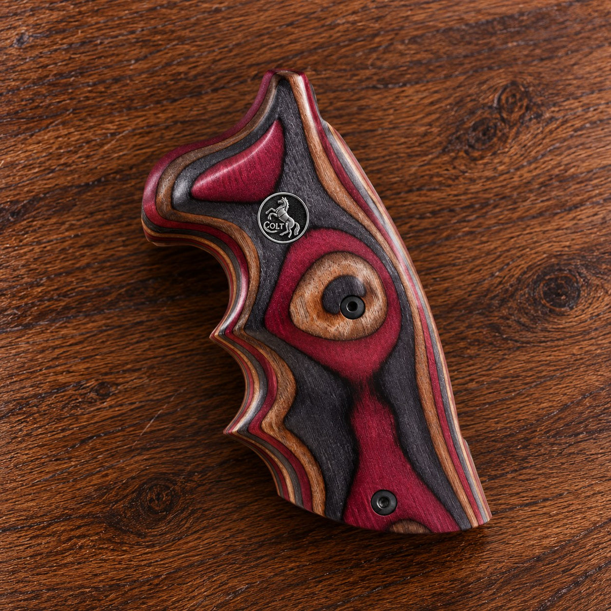 Colt Python red and black laminated wood target grip with silver horse medallion – fits 2021+ Colt Anaconda