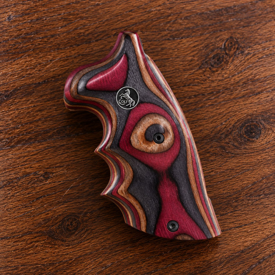 Colt Python red and black laminated wood target grip with silver horse medallion – fits 2021+ Colt Anaconda