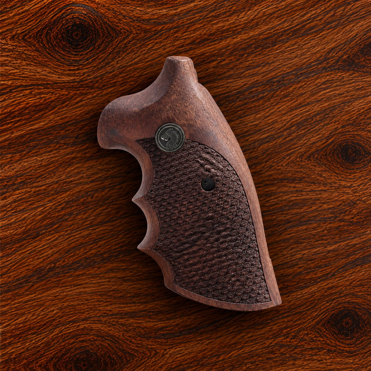 Colt Python walnut target grip with basket weave texture and black horse medallion – fits 2021+ Colt Anaconda