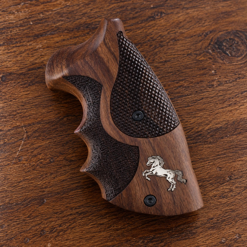 Colt Python walnut target grip with diamond checkering, stippled finger grooves and silver horse inlay – fits 2021+ Colt Anaconda