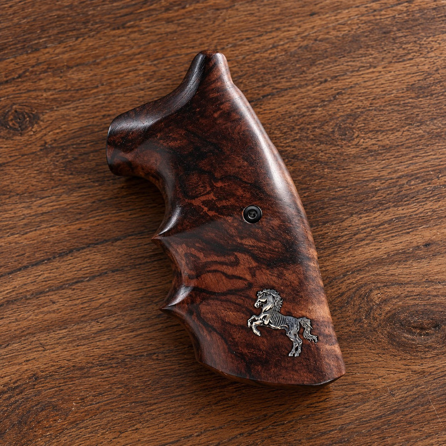 Colt Python smooth dark walnut target grip with silver horse emblem and finger grooves – handcrafted replacement grip, fits 2021+ Colt Anaconda