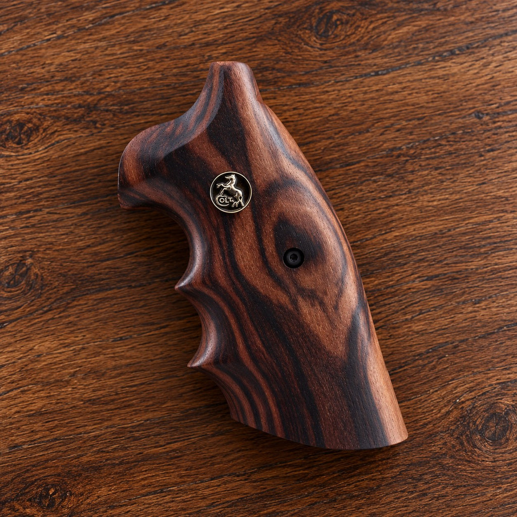 Colt Python smooth root walnut target grip with gold horse medallion – fits 2021+ Colt Anaconda