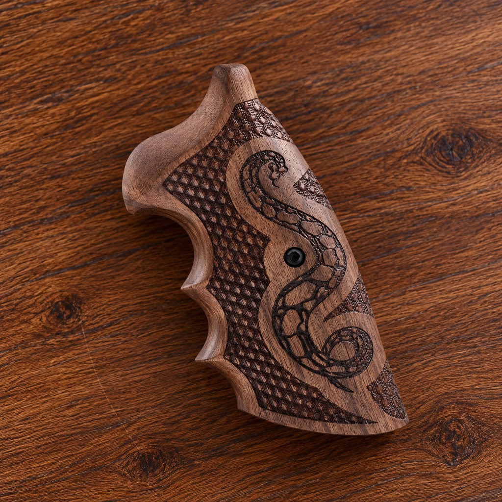Colt Python walnut target grip with engraved snake and honeycomb checkering – fits 2021+ Colt Anaconda