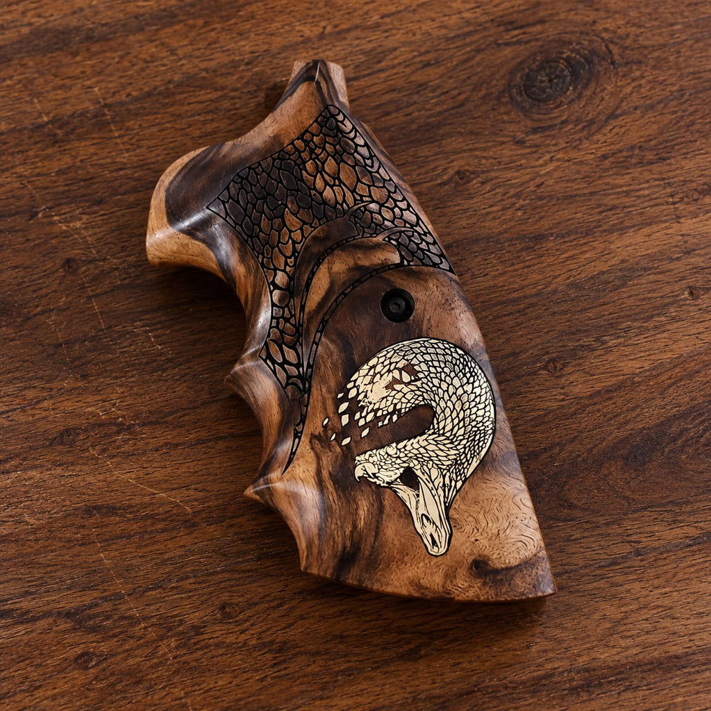 Colt Python walnut grip with engraved snake scales and gold snake inlay – custom target replacement grip, fits 2021+ Colt Anaconda
