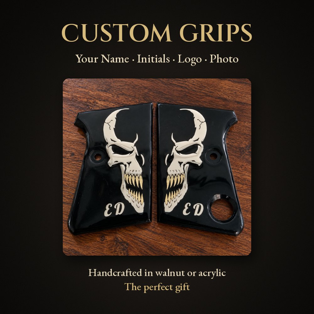 Custom pistol grips personalized with your name, initials, logo or photo – handcrafted walnut and acrylic grips by Salvatore Grips