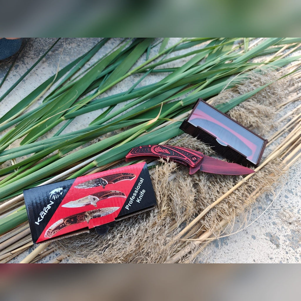 Wolf engraved folding pocket knife – Red open