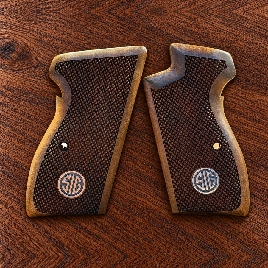 Sig Sauer P210 walnut grips – checkered with Sig medallion – handcrafted Turkish walnut pistol grips