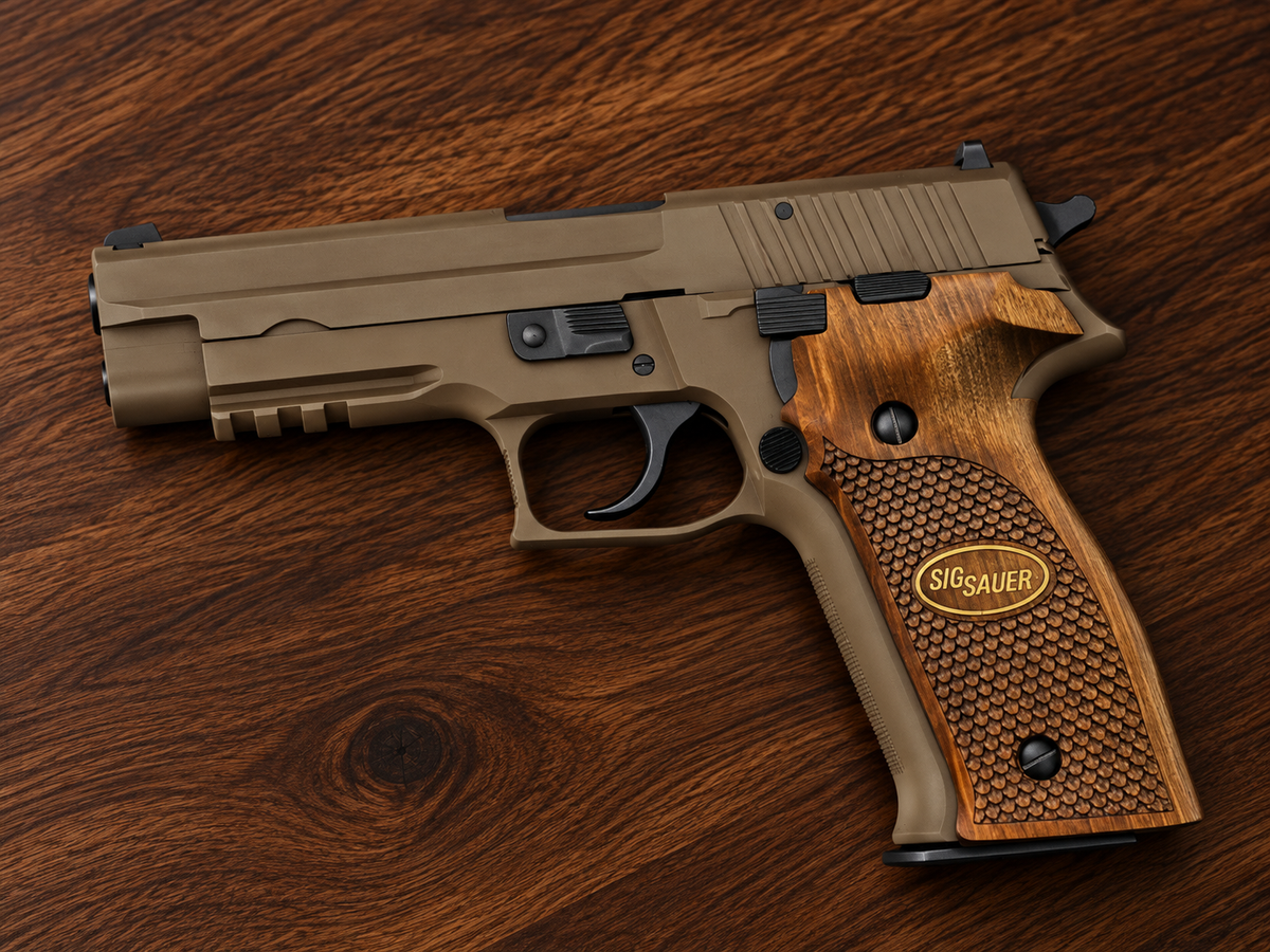 Engraved walnut grips for Sig Sauer P226 – laser-engraved Turkish walnut replacement grip panels