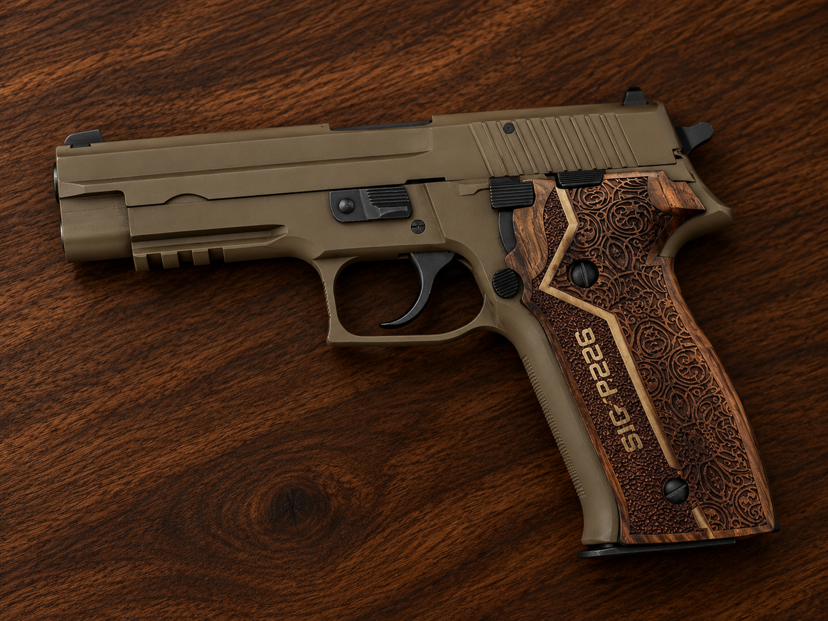 Sig Sauer P226 walnut grips, Gold Design – carved Turkish walnut grip panels with gold metal inlay