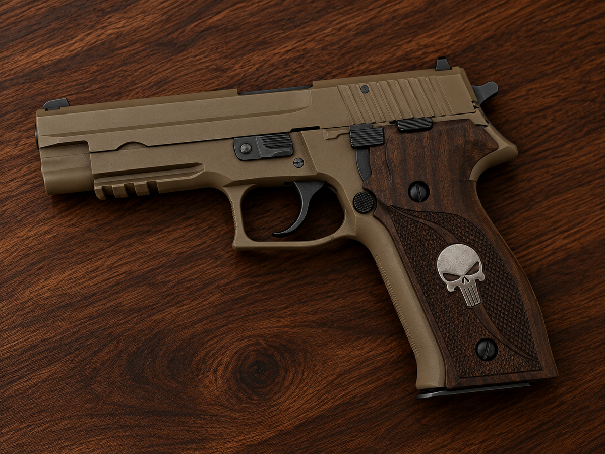 Sig Sauer P226 walnut grips with silver skull metal emblem – handcrafted Turkish walnut replacement grip panels